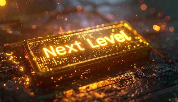 Illuminated Next Level Text on Golden Bar with Sparkling Particles. photo