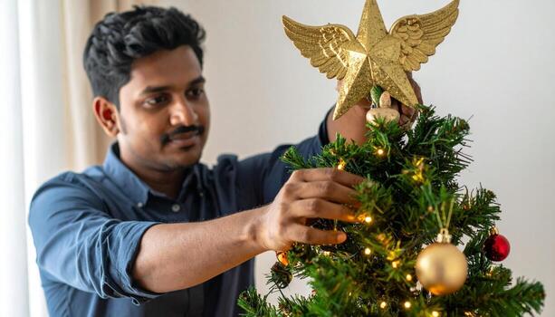 Man Decorating Christmas Tree with Star Topper at Home. photo