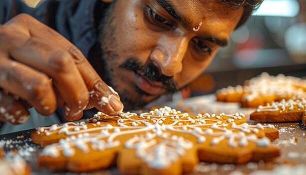 Man Decorating Gingerbread Cookies with Icing for Festive Season. photo