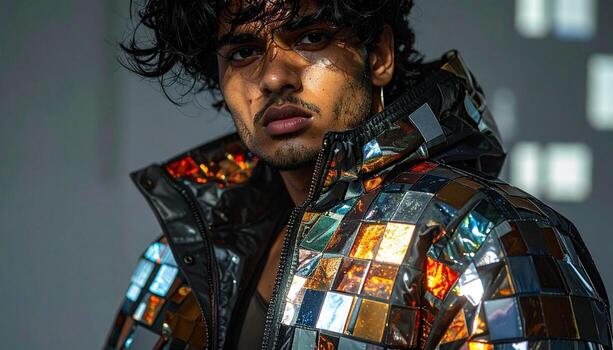 Man in Mirrored Jacket with Intense Gaze and Artistic Lighting. photo