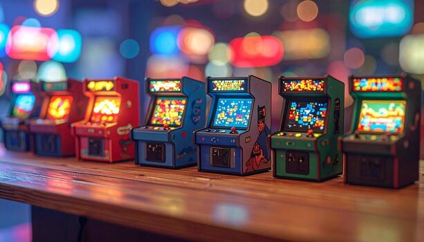 Miniature Arcade Games on a Wooden Counter with Bokeh Lights. photo