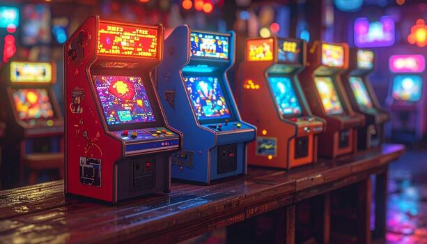 Retro Arcade Row A Nostalgic Gaming Experience. photo