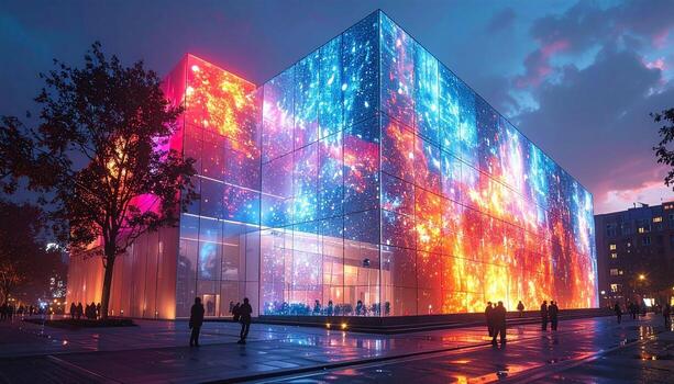 Spectacular Illuminated Building Facade with Vibrant Light Display at Night. photo