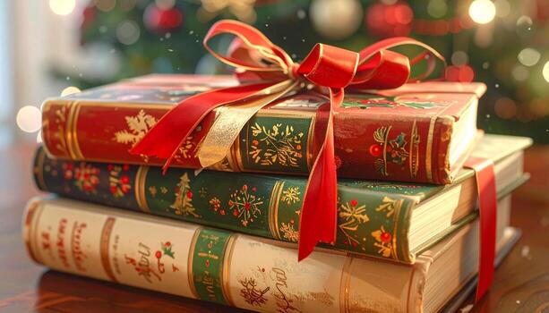 Stack of vintage books tied with a festive red ribbon. photo