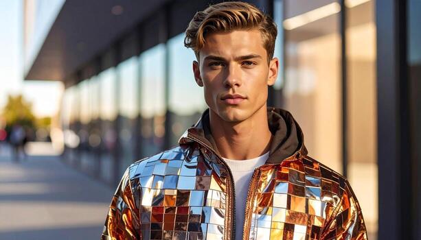 Stylish man in a futuristic jacket posing outdoors with modern architecture. photo
