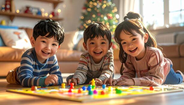 Three Smiling Children Playing a Board Game on the Floor. photo