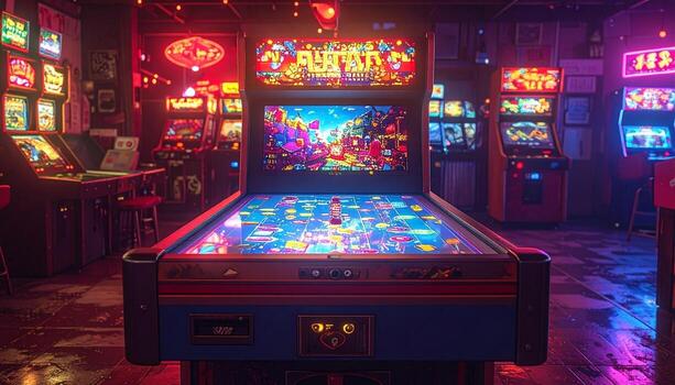 Vibrant Arcade A Retro Pinball Machine Amidst Neon Lights. photo