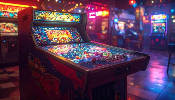 Vibrant Pinball Machine in Retro Arcade Setting. photo
