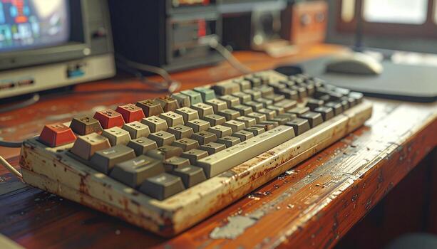 Vintage Keyboard on Wooden Desk with Retro Computer Setup. photo