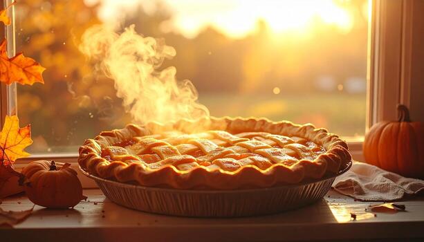 Warm Apple Pie on a Window Sill at Sunset. photo