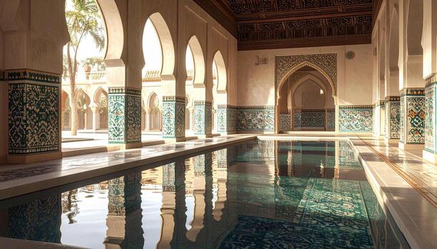 sereno piscina en un marroquí patio con arqueado columnas foto