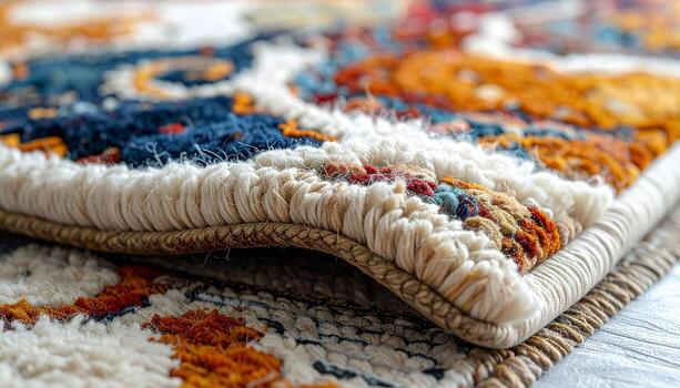 Closeup of a colorful textured rug with intricate patterns and soft fibers. photo