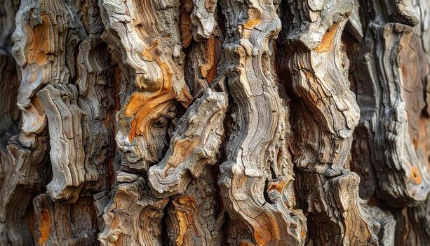 de cerca de texturizado árbol ladrar con intrincado patrones y terroso tonos foto