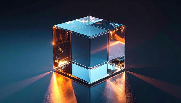 Illuminated Glass Cube A Study in Light and Reflection. photo