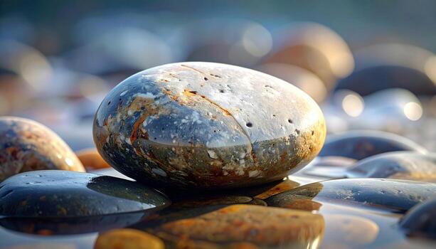 Smooth stone on a beach reflecting the sky and surrounding pebbles. photo