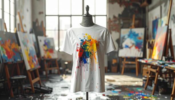 Artistic Tshirt Display in Studio with Abstract Paint Splatter Design. photo