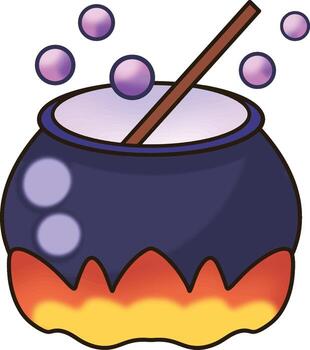 Cartoon of a witch's cauldron on a fire with a paddle and bubbles rising up. vector