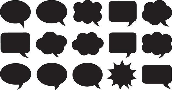 Collection of Black Speech Bubbles Round, CloudShaped, and Square Chat Symbols for Communication vector