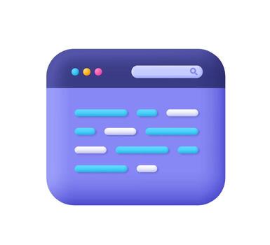 Purple web browser window with code lines. Technology, web development, programming, coding and software concept. 3d icon. Cartoon minimal style. vector
