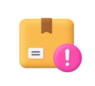 Yellow package box with a pink exclamation mark symbol. Online shopping, parcel tracking, delivery notification and shipping problem concept. 3d icon. Cartoon minimal style. vector