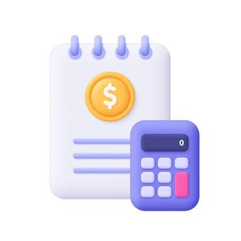 Notebook or document file with calculator and coin. Financial report, accounting, income and tax concept. 3d icon. Cartoon minimal style. vector