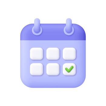 Purple calendar with check marks. Time management, planning, deadline, organization, reminders and schedule concept. 3d icon. Cartoon minimal style. vector