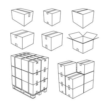 Cardboard box lines, various sizes of parcels, both closed and open lids, many boxes can be arranged on a pallet. vector