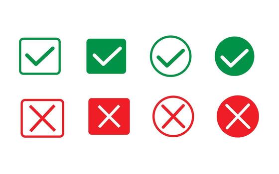 Green checkmarks and red crosses in square and circle shapes vector