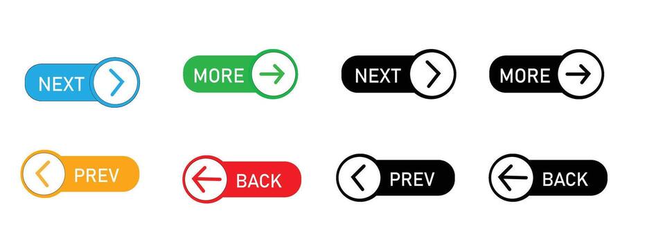 Collection of colorful and black and white navigation buttons with arrows and text vector