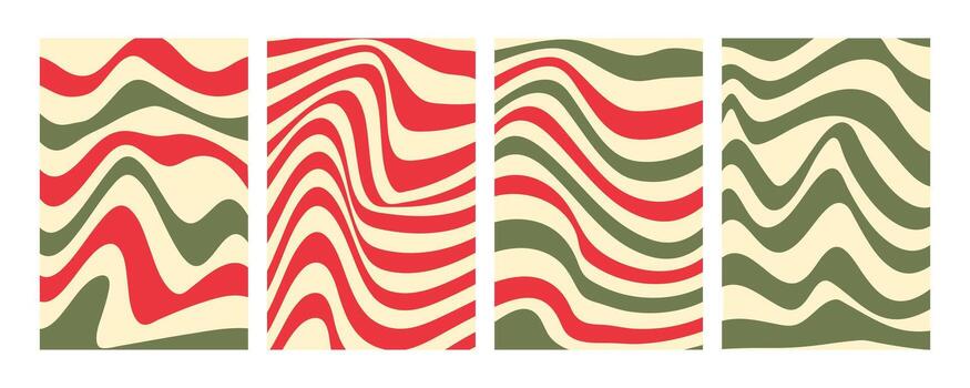 Groovy wave stripe set Christmas color . Hand drawn groovy, hippie backgrounds. Distorted uneven stripes, warped streaks, fluid liquid wavy lines, doodle waves. Striped rectangle templates collection. vector