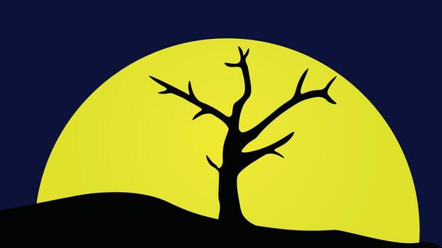 Full moon view in the middle of the desert reflecting the shadow of a dead tree, background illustration vector