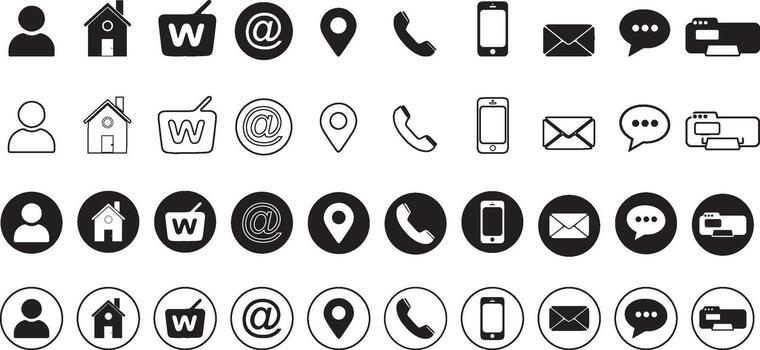 Contact Information Icon Set - Address, Phone, Email, Location Pin, Chat, and User Profile Glyphs in Various Styles vector