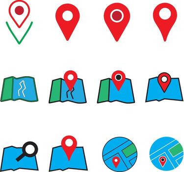 Map and Location Icon Set - Red Pin, Folded Map, Navigation, and GPS Symbols for Travel, Direction and Geo-Targeting vector