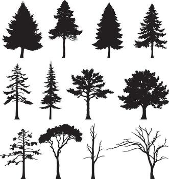 Tree Silhouette Collection - Pine, Conifer, Oak, Deciduous, and Dead Trees Graphics for Forest and Nature Design vector