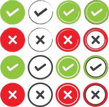 Check and Cross Icons Set - Green Tick Mark and Red X Symbols in Grunge and Solid Styles for UI, Web and Design Use vector