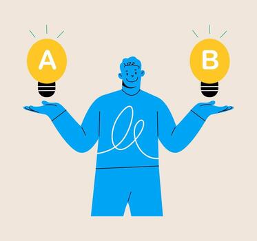 Man comparing idea A with idea B. Colorful illustration vector