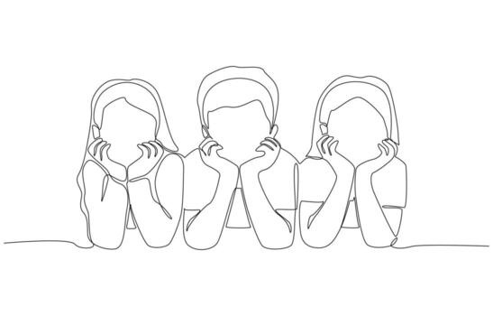 Continuous one line drawing of friends lying on the floor and resting their chins on their hands, symbolizing friendship and togetherness, single line art vector