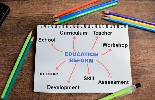 Concept of Education reform write on book with keywords isolated on Wooden Table. photo