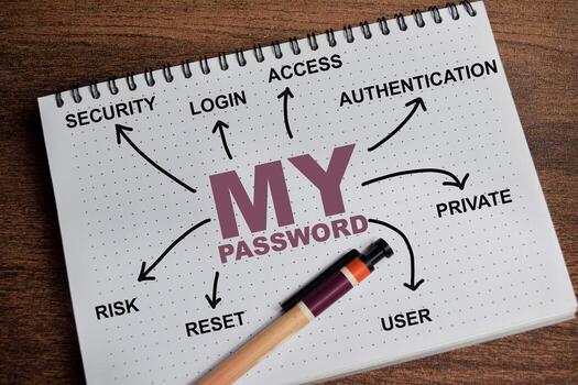 Concept of My password write on book with keywords isolated on Wooden Table. photo