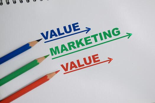 Concept of Value and Marketing write on book, symbolizing business growth and branding, isolated on Wooden Table. photo
