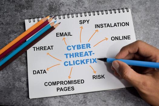 concepto de ciber corrección de clics de amenazas escribir en libro con palabras clave aislado en de madera mesa, foto