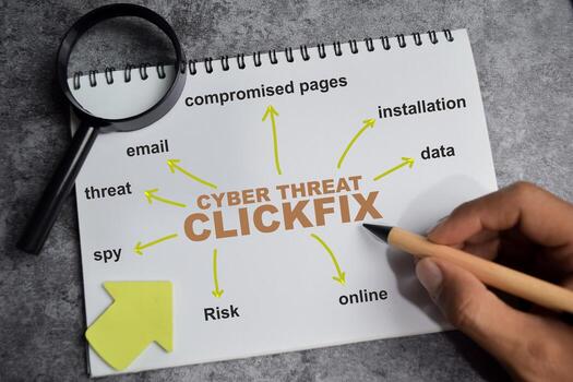 concepto de ciber corrección de clics de amenazas escribir en libro con palabras clave aislado en de madera mesa foto