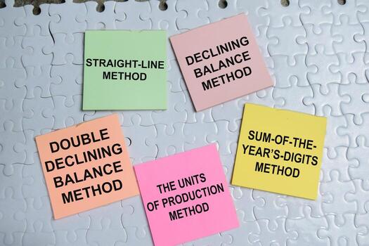 Concept of straight-line method, declining balanced method, sum-of-the-year's-digits method, the units of production method and doble declining balance method write on sticky notes photo