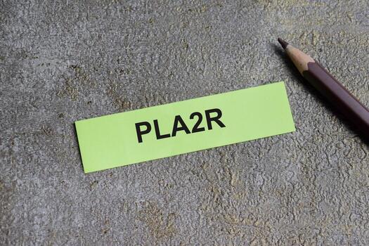 Concept of PLA2R - Phospholipase A2 Receptor write on sticky notes isolated on Wooden Table. photo