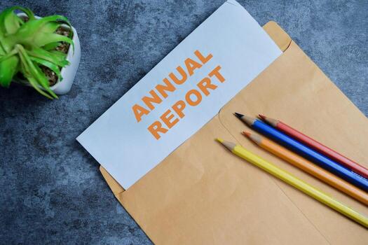 Annual report text on document above brown envelope. photo
