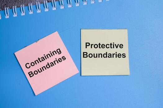 Concept of 2 main types of boundaries. Containing and protective boundaries write on sticky notes isolated on Wooden Table. photo
