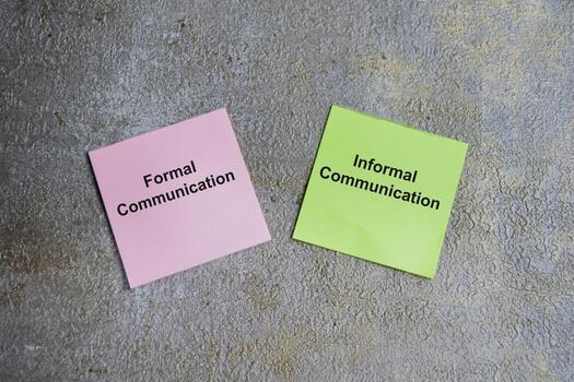 Concept of formal communication or informal communication write on sticky notes isolated on Wooden Table. photo