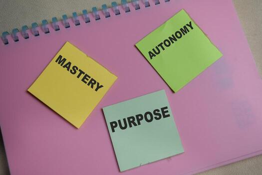 Concept of 3 internal motives. Mastery, autonomy, purpose write on sticky notes isolated on Wooden Table. photo