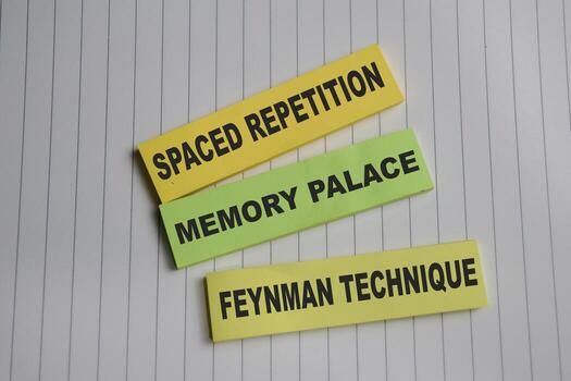 Concept of 3 main memory techniques. Spaces repetition, memory palace, feynman techniques write on sticky notes isolated on Wooden Table. photo