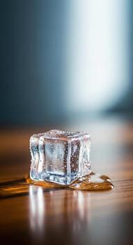 Partially Melted Ice Cube with Water Droplets on Wooden Surface Captured in Close Up Highlighting Transparency Texture and Contrast Between Cold and Warm Elements photo